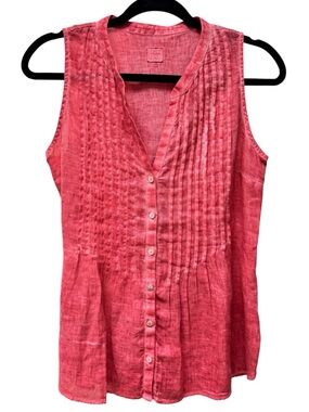 120% Lino Linen Sleeveless Pleated Tank Top Button Front